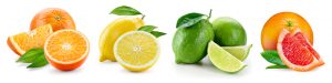 Fruit compositions with leaves isolated on white background. Orange, lemon, lime, grapefruit. 